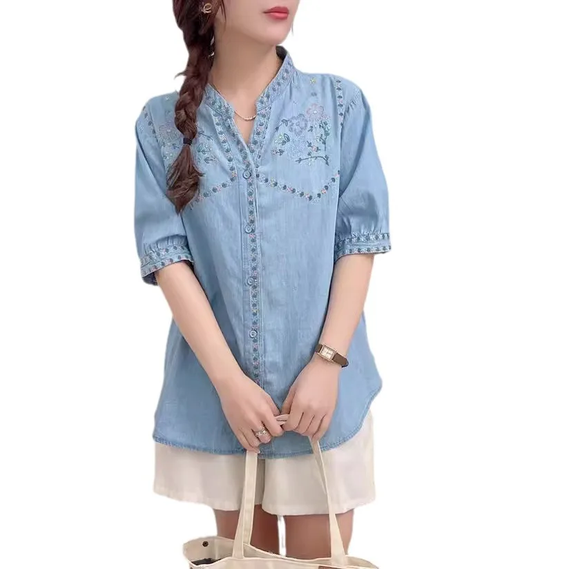 New Spring Cotton Denim Embroidery Shirt Women Lapel Short Sleeve Literature Tops Girl Loose Sweet Blouses 2024 Autumn T446127QC