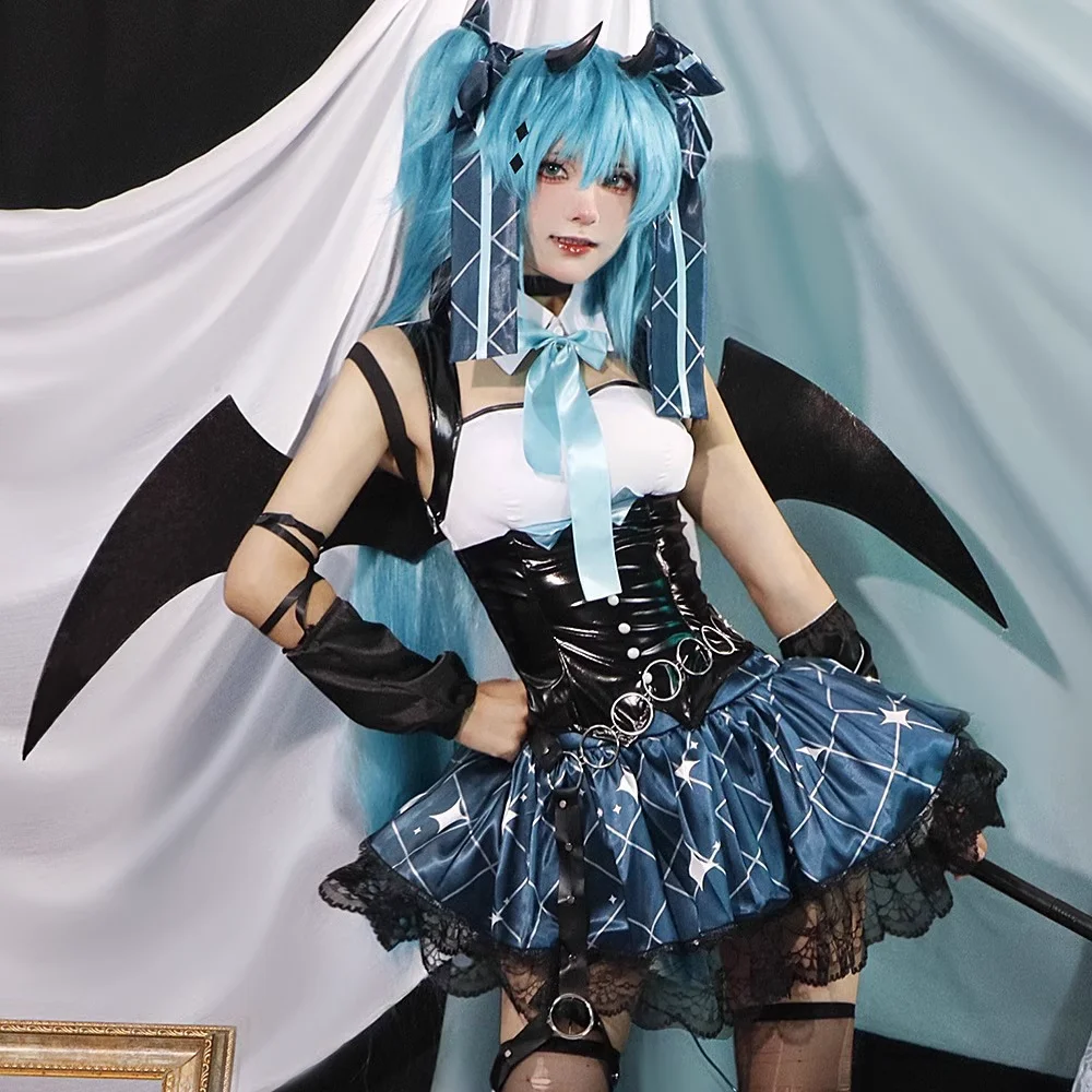 女性セクシーな悪魔ミクコスプレ衣装アニメ悪魔初音コスプレ制服ドレスウィッグ翼スーツ角尾付きハロウィンパーティー