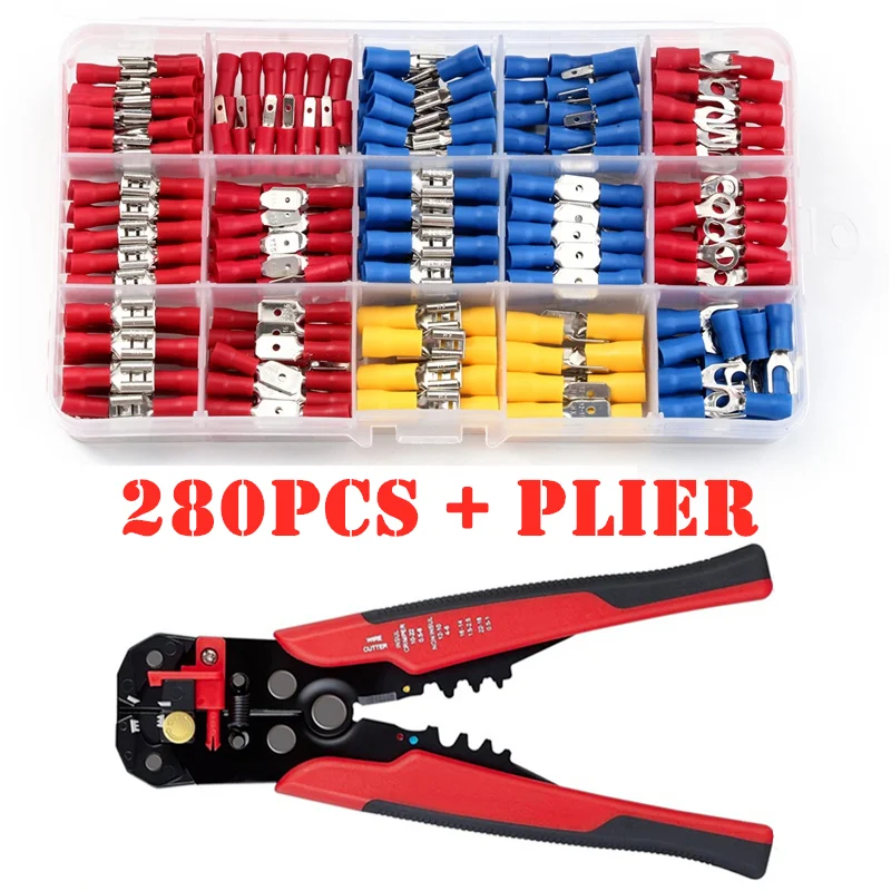 

280PCS Spade Terminals Insulated Wire Connector Electrical Assorted Crimp Butt Ring Fork Set Ring Lugs + Wire Stripper Plier