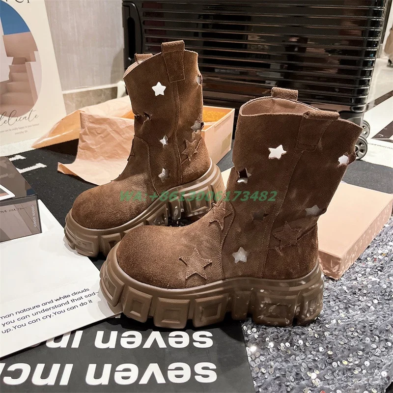 fashion women Five-pointed stars hollow flat platform ankle boots design girls Hollow five-pointed star flat heel ankle boots