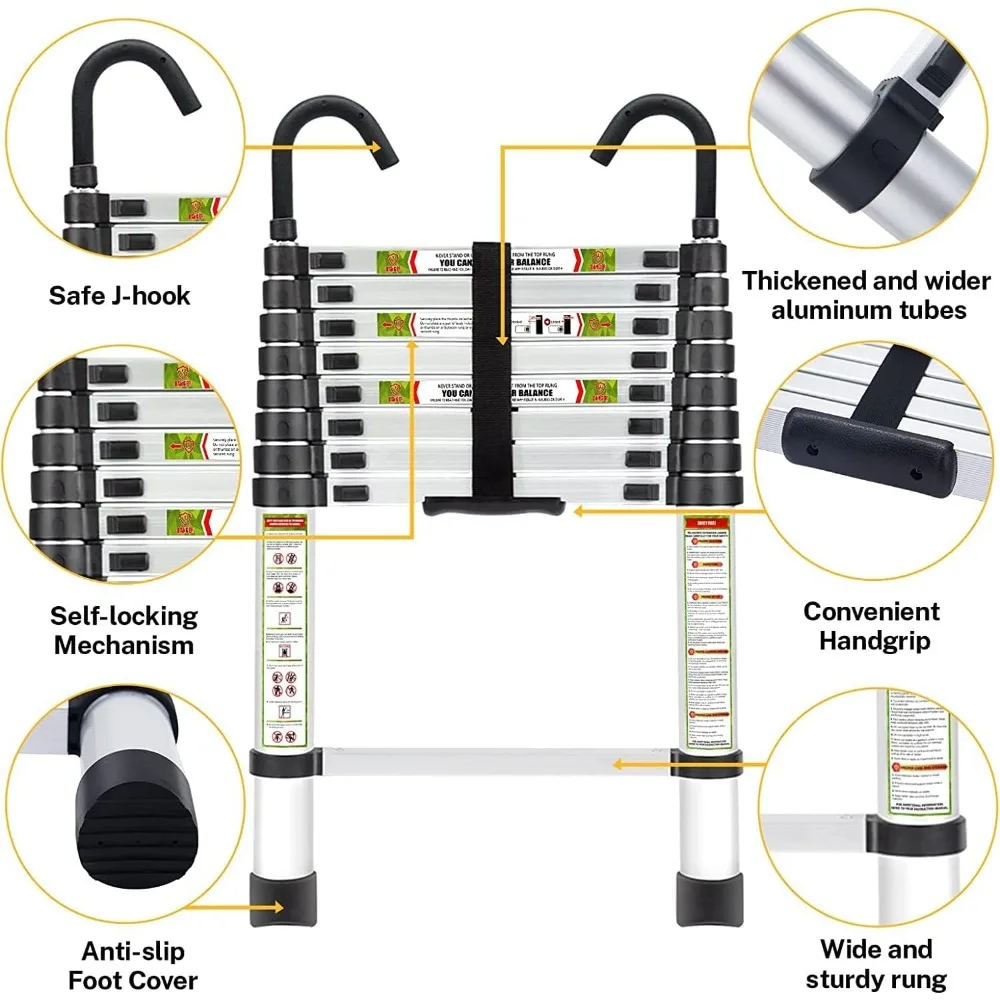سلم تصغير محمول من الألومنيوم، امتداد 6.5 قدم مع أقدام غير قابلة للانزلاق وخطاف ثابت للاستخدام المنزلي، مثالي للوصول إلى Hei