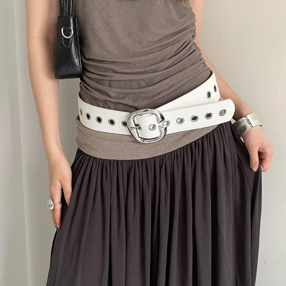 

Fashion Double-Row Hole Women Wide Belt Metal Buckle Jeans Girdle Leather Waistband Vintage All Match Punk Style Belt Girls