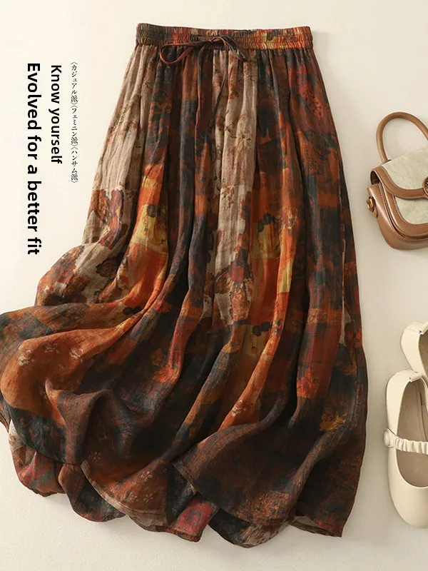 Falda Midi de Lino con Estampado Retro, Estilo Casual Versátil, Doble Capa, Talla ande, Cintura Alta, Corte en A, para Mujer