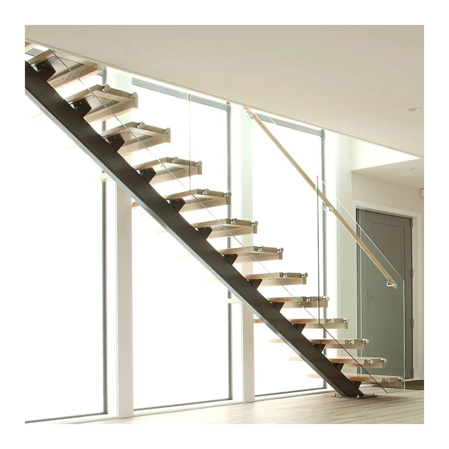 Stainless Steel Beam Staircase Marble Glass Solid Wood Step Pressing System Light Emitting Diode Indoor Single Straight Floating