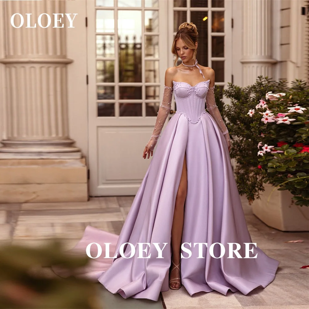 OLOEY Princess Sweetheart suknie balowe bez ramiączek dostosowana satynowa linia wysoki rozcięcie perły suknia wieczorowa dla panny młodej długie rękawy gorset