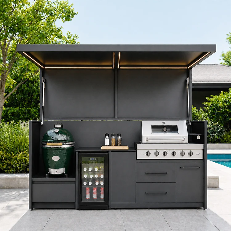 Durable Weatherproof Outdoor Kitchen Island With Motorized Lift Up Roof And Stainless Steel 304 Built In Grill