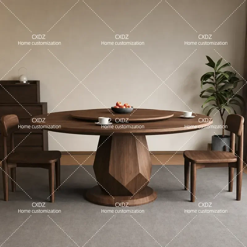 1.6m Solid Wood Round Dining Table with Turntable Simple Medieval Style Household Restaurant Party Table and Chair Set