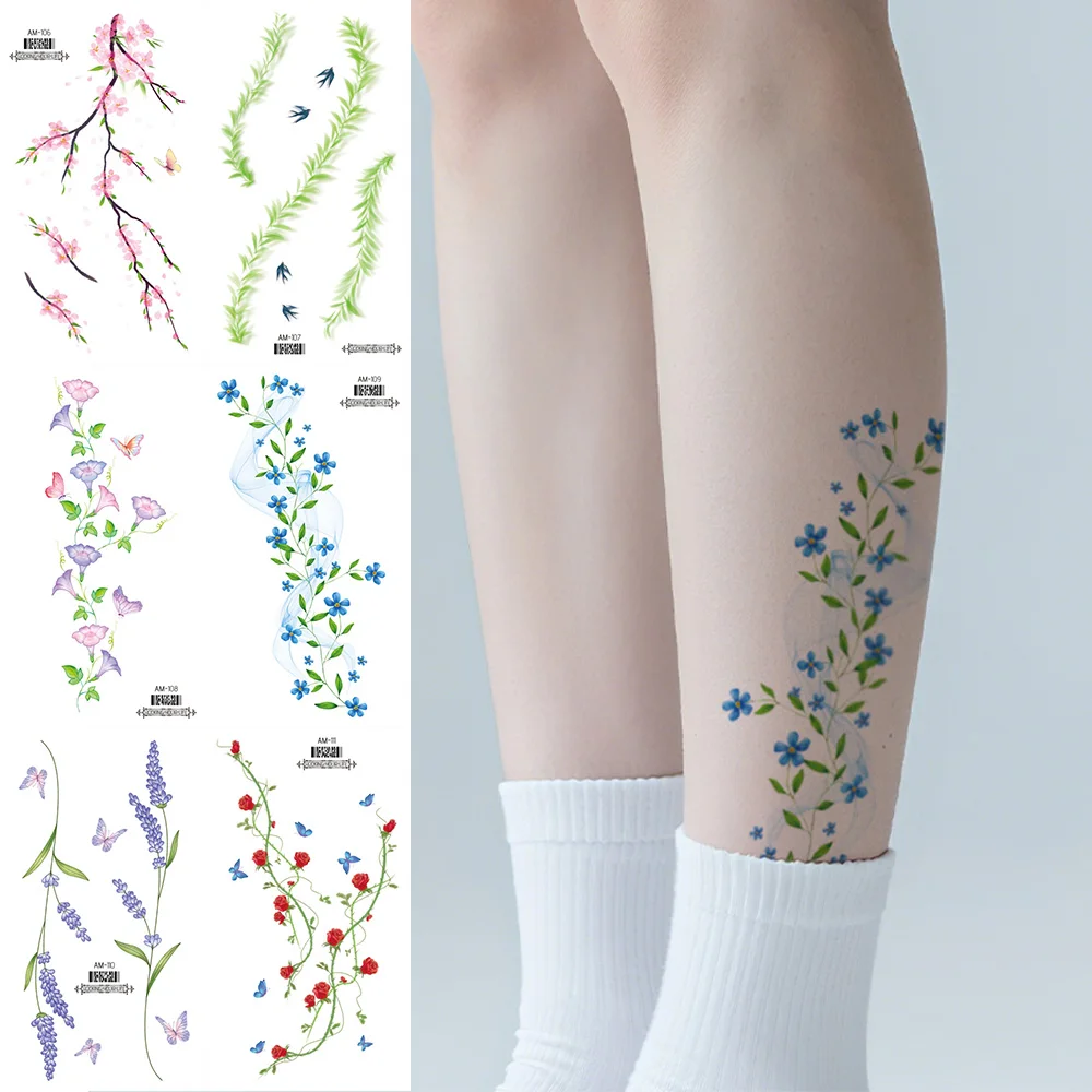 

6 Sheets Flowers Temporary Tattoos Purple Lavender Clavicle Chest Tattoo Stickers For Women Body Wrist Waterproof Fake Tattoo