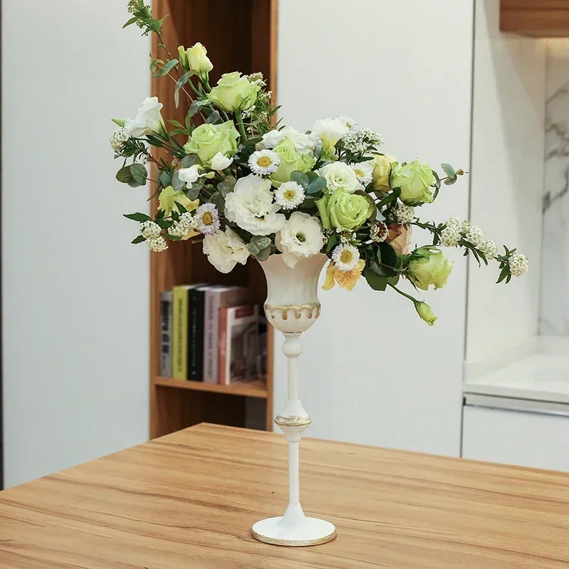 Vintage Vase Tabletop European Style Ornament Flower Arrangement Iron High Legged White Gold Wedding Floral Decorative Vessel