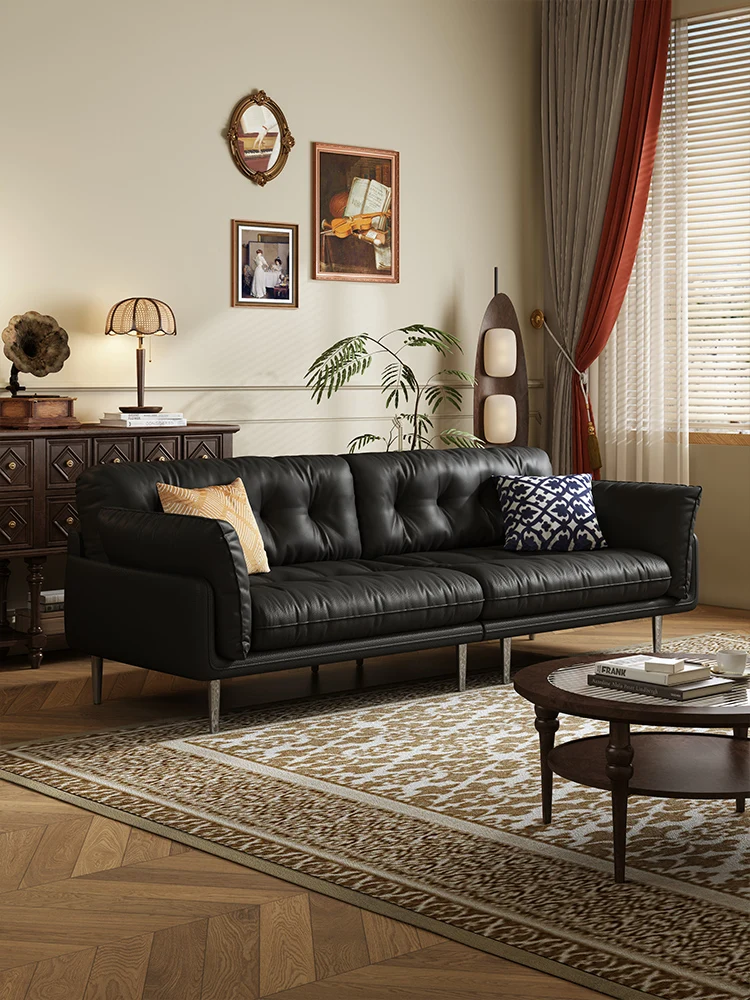 

French retro minimalist modern straight row small apartment sofa Nordic oil wax leather American industrial style living room so