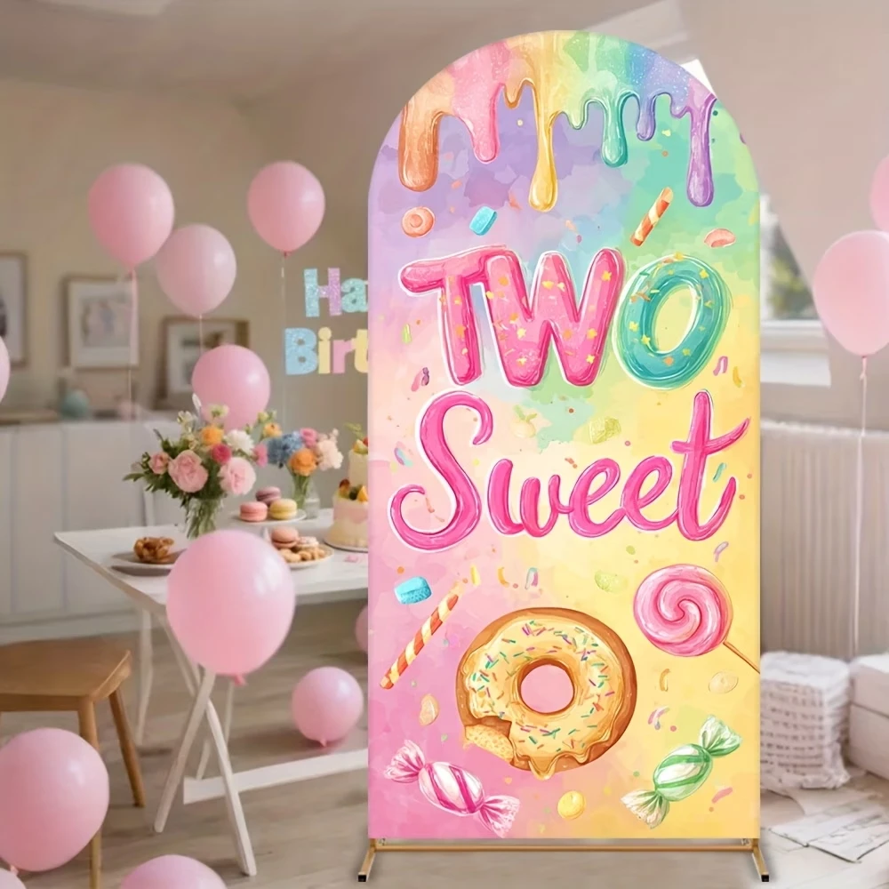 Custom 2-sided Two Sweet Happy Birthday Backdrop Decorations Candyland Dount Personalized Text Chiara Arch Background Cover