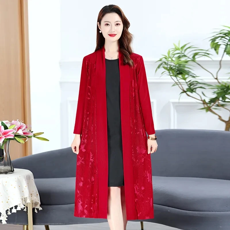 5XL Mesh Jacquard Windbreaker For Middle-Aged Women Long Shawl Cardigan Summer Mothers Sunscreen Clothes Thin Gauze Cloak Female