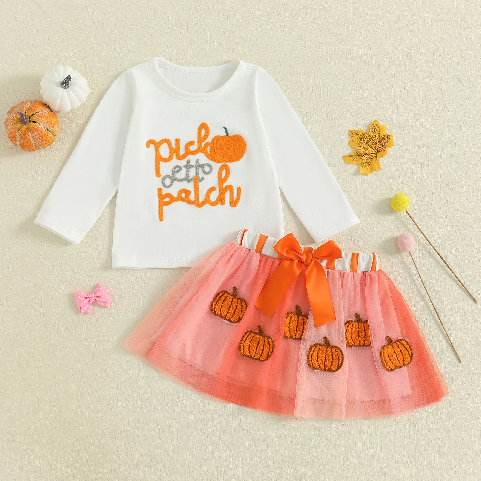 

Детские наряды на Хэллоуин для девочек, топы с длинными рукавами и тыквой и вышивкой, тюлевая юбка трапециевидной формы, комплекты из двух предметов для детей 0-5 лет