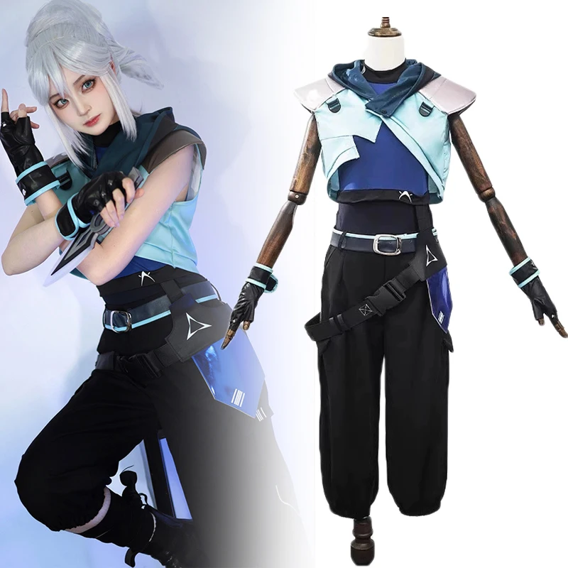 VALORANT Jett Cosplay Kostüm Damen Blaue Weste Top Hose Komplettes Set Uniform Halloween Kleidung