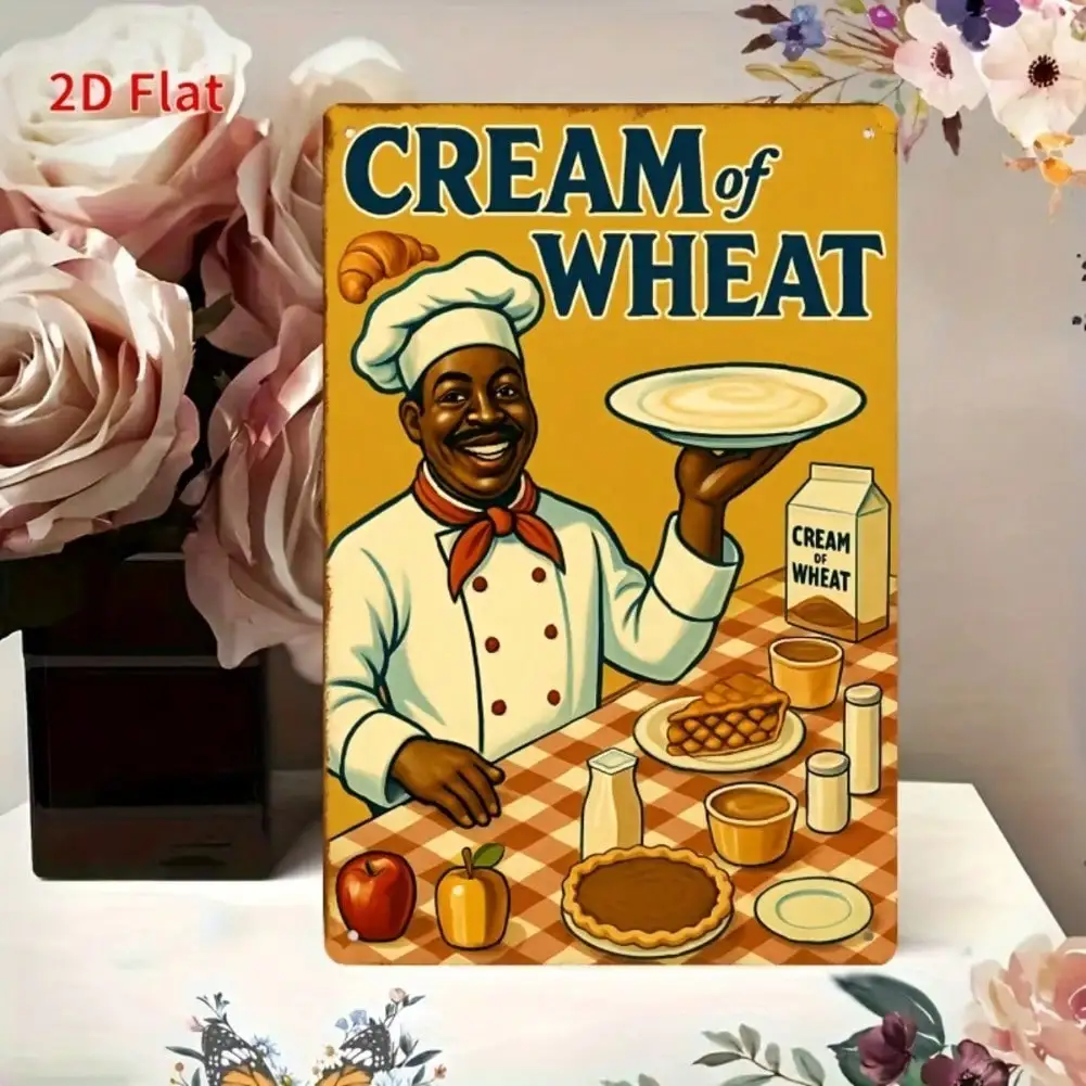 Vintage Metal Wall Art 8x12 Inch Chef Wheat Kitchen Sign, Vibrant Red Yellow Checkered Design, Durable Hanging Plaque for Home R