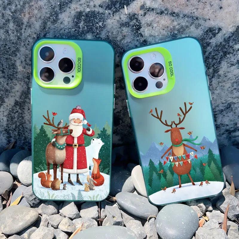 Luxury Cartoon Christmas Phone Case for IPhone 16 14 15 Pro Plus 11 12 13 Mini Pro Max Simple Santa Shockproof Laser Matte Case