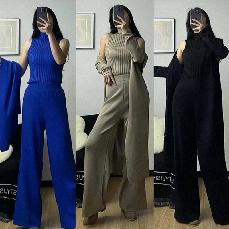 

3 Pieces Suit For Women Pants Sets Long Cardigan Jackets Turtleneck Vest Knit Trousers Suit Women 3 Pieces Set Outfit