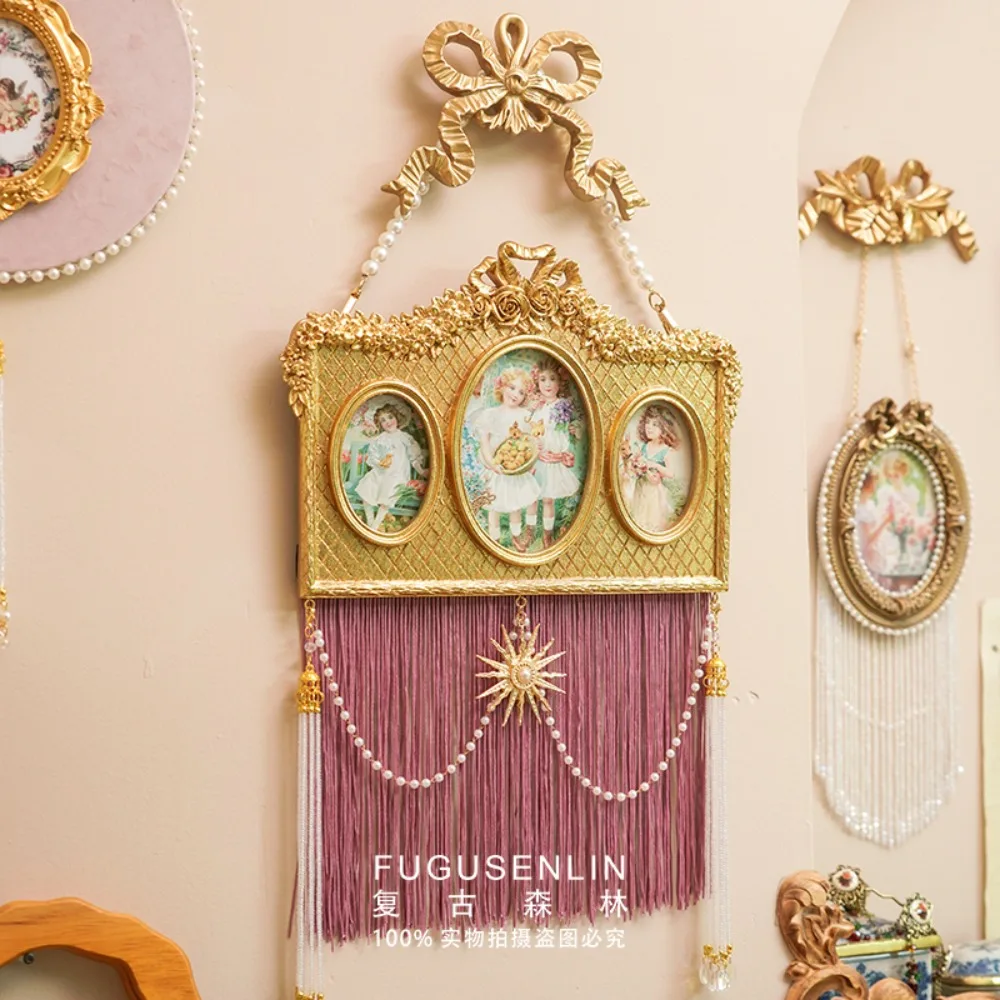 Retro European Golden Embossed Photo Frame Light Pink Tassel Pearl Wall Picture Frame Carved Wall Hanging Set