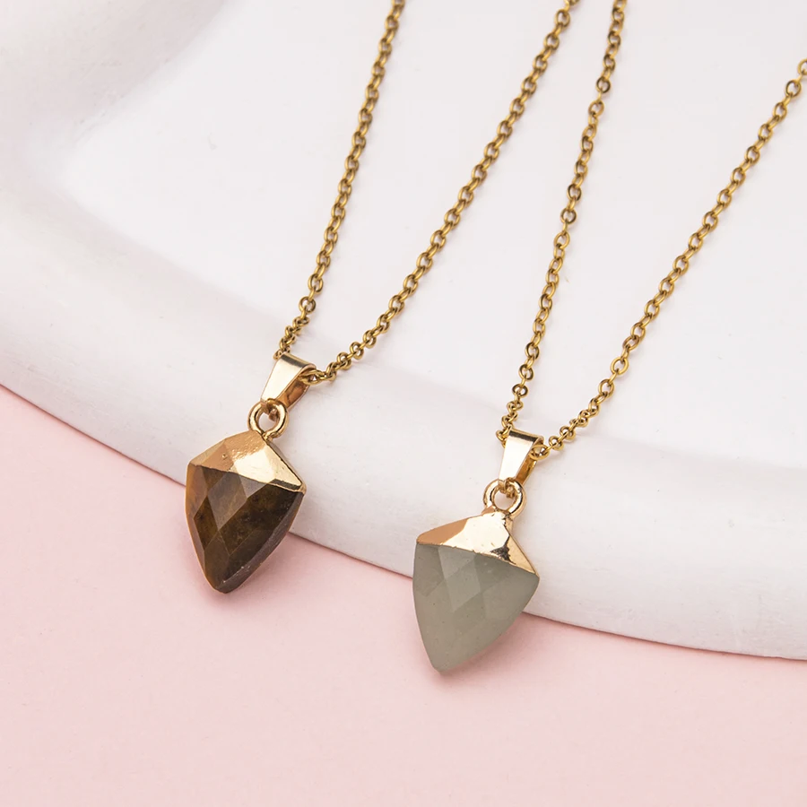 1pc stainless steel adjustable natrual crystal stone gemstone agate Section triangular column simple cusp pendant necklace