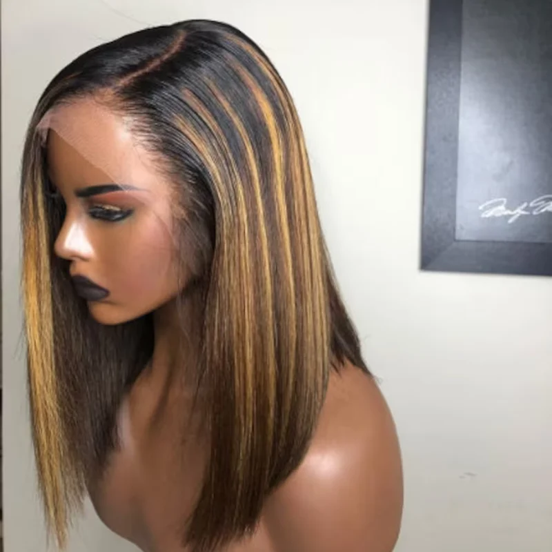 Perruque Bob Lace Front Wig courte sans colle, cheveux lisses, à reflets blonds, densité 180, 16 pouces, pre-plucked, pour femmes