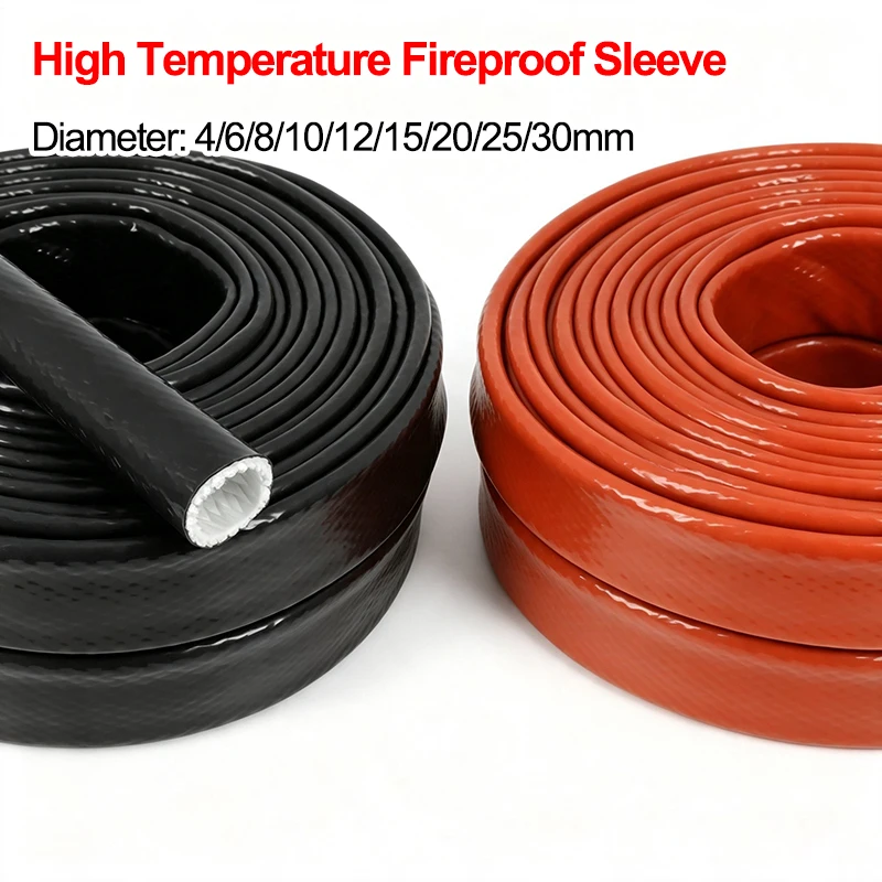 1/5m Fiberglass Sleeve 4 6 8 10 12 15 20 25 30mm Silicone Resin Coated Glass Fiber Braided High Temperature Resistant Tube
