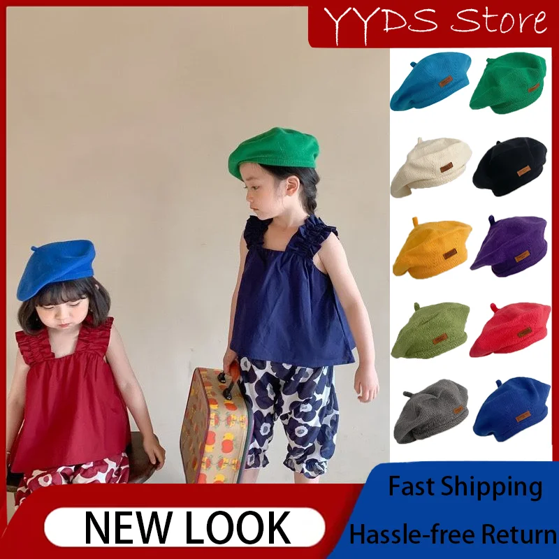 

Knitted Beret for Kids In Candy Colors: Fashionable and Versatile Solid Knitted Leather Label Beret Hat