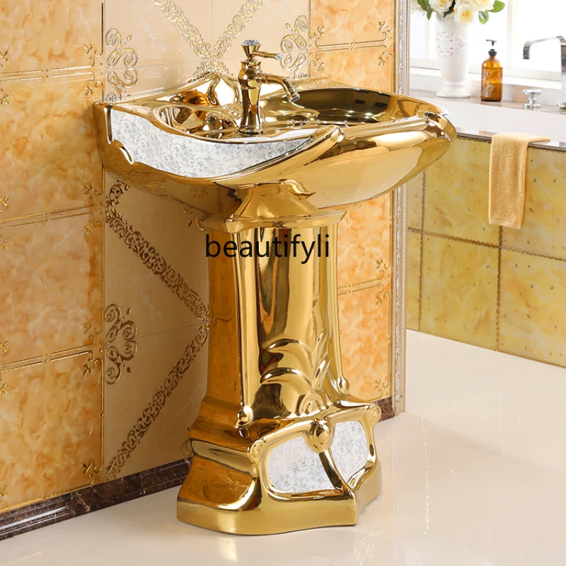 

European-Style Art Column Wash Basin Bar Floor-Standing Face Wash Ceramic Golden Split Wash Inter-Platform Basin