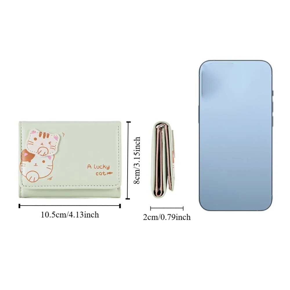 Mini Portfelik Krótki w Jednolitym Kolorze z Kreskówkowym Kotem w Stylu Koreańskim, Portmonetka na Monety ze Skóry PU, Kieszonka na Karty, Kopertówka, Śliczna Torebka na Karty Damska
