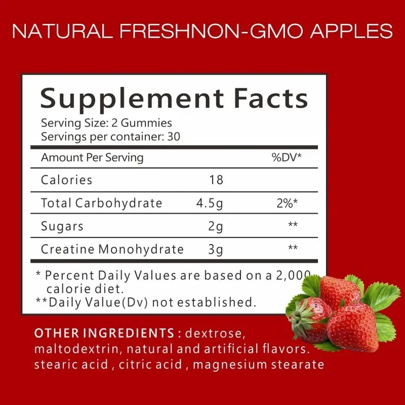 Creatine Monohydrate Gummies - Vegan Strawberry Flavor, 3g Creatine Per Gummy, 60 Count