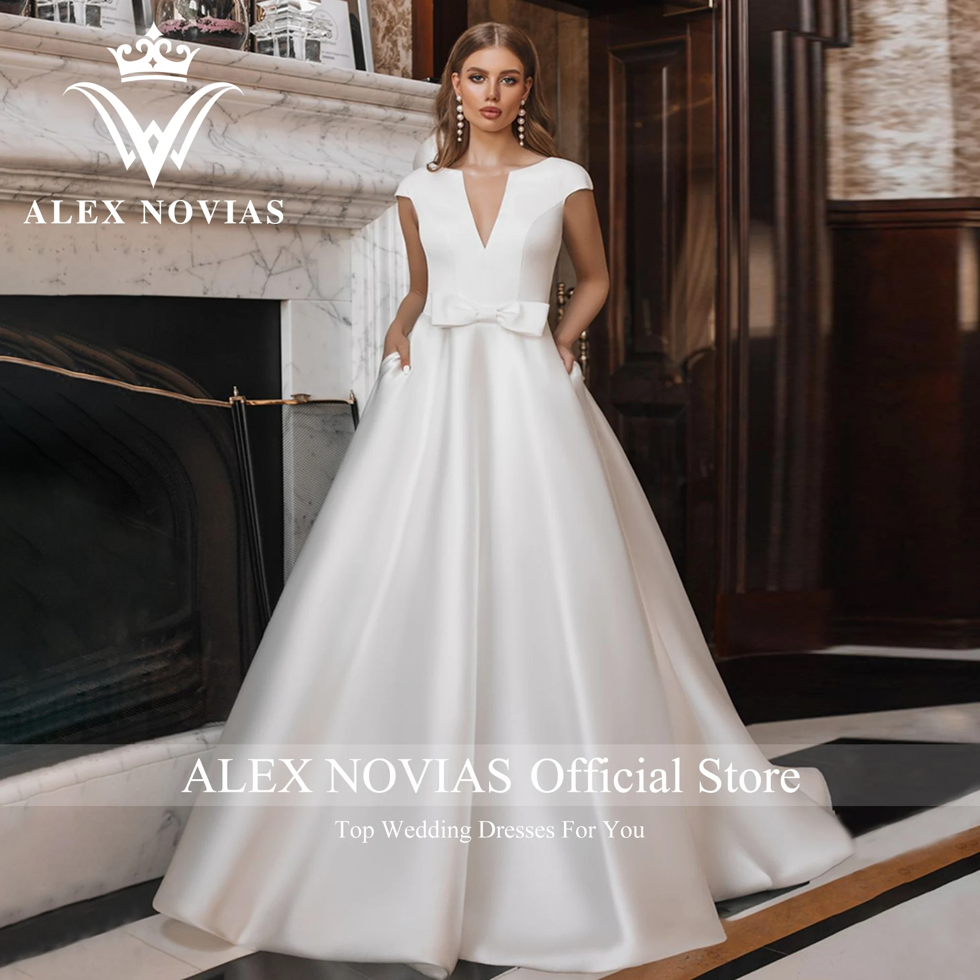 Alice NOVIAS – robe De mariée en Satin, ligne a, manches courtes, avec poches, col en v, dos nu, nœud, 2023