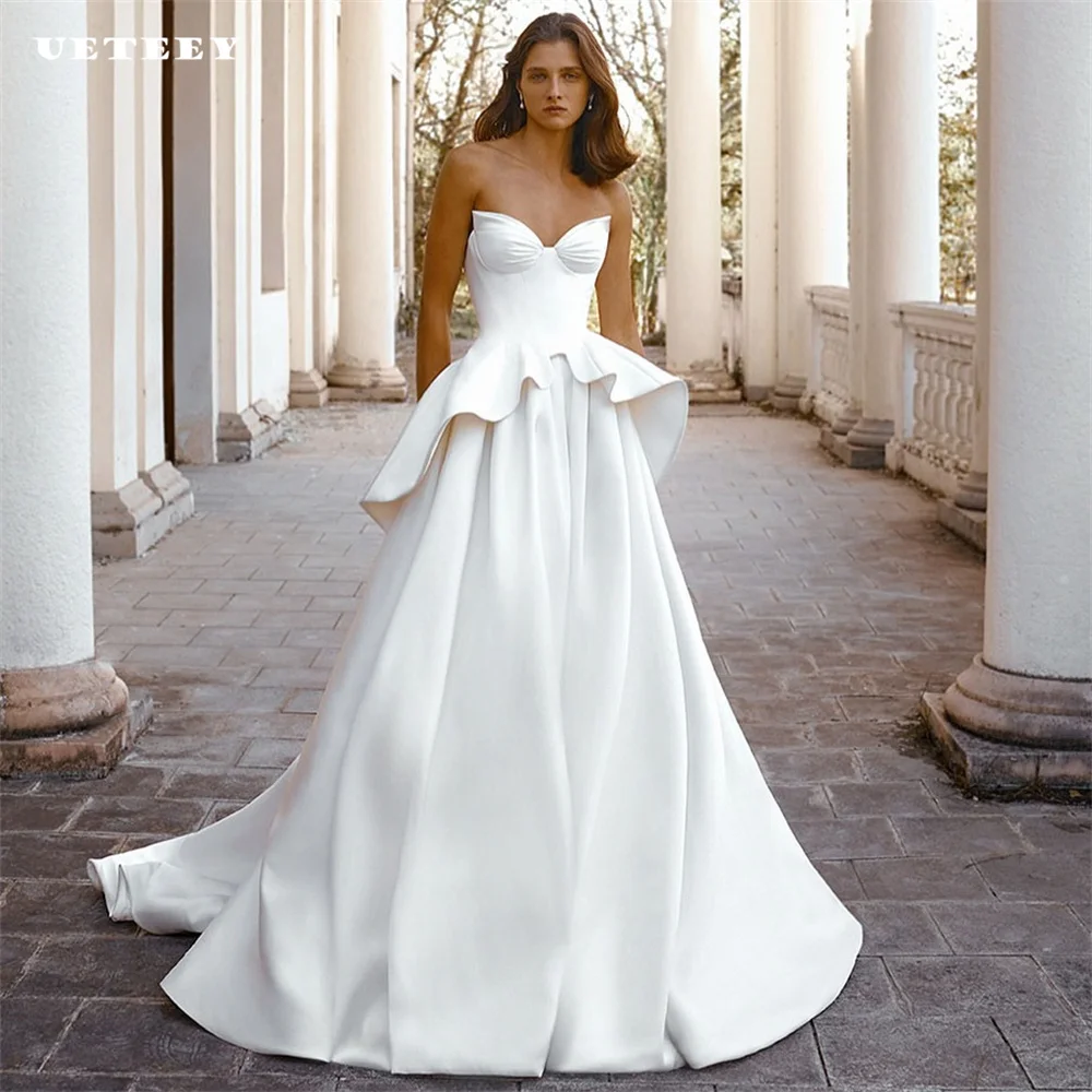 

UETEEY Customized Strapless Sleeveless Pleats Wedding Dress For Women Elegant Crepe A Line Zipper Back Floor Length Bridal Gown