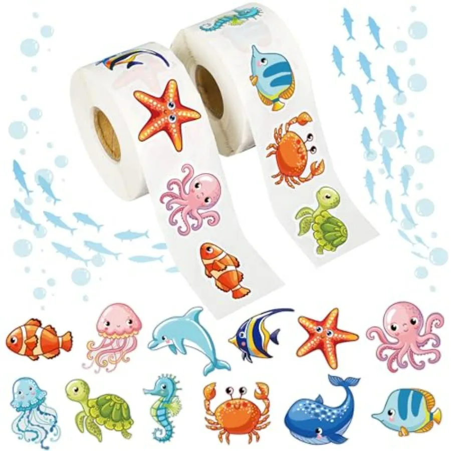 

1200 PCS Ocean Animal Stickers Roll Cartoon Sea Life Sticker Fish Sticker Deals Sea Creature Labels for Ocean Theme Party Gifts
