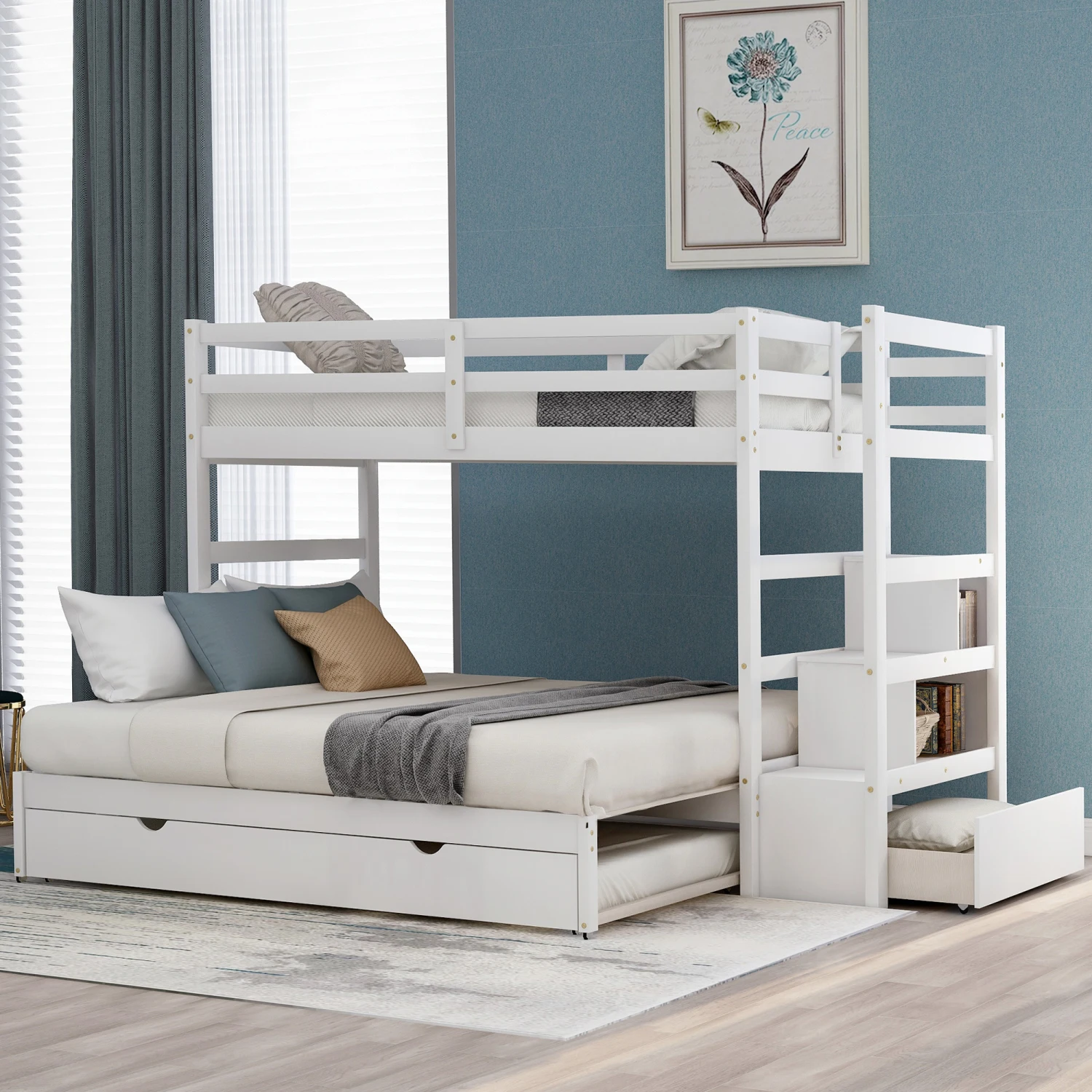 

Twin over Twin/King (Irregular King Size) Bunk Bed with Twin Size Trundle, Extendable Bunk Bed (White)(OLD SKU LP000032AAK)