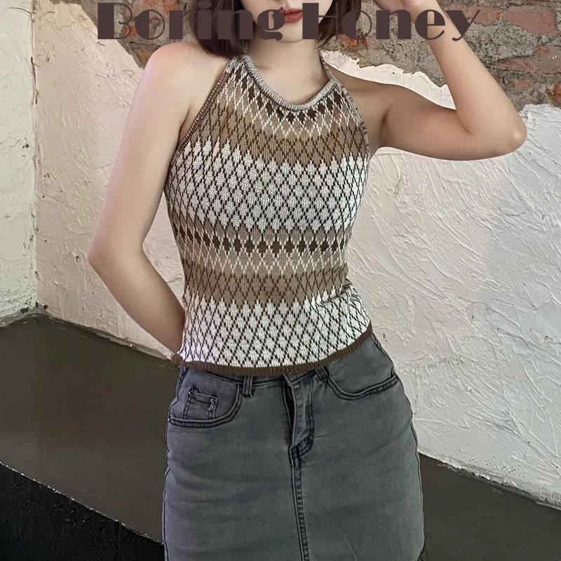 

Boring Honey Summer Clothes For Women Korean Style Plaid Pattern Sshort Tops Halter Sleeveless Knitting Crop Top Women Clothing