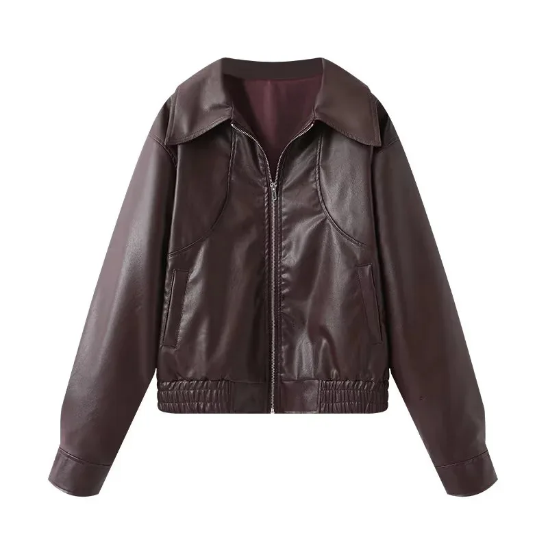 Lockere Damen-Jacke aus Kunstleder mit Stehkragen, amerikanischer Stil, Oberbekleidung, modische Streetwear, Transoceanal Export