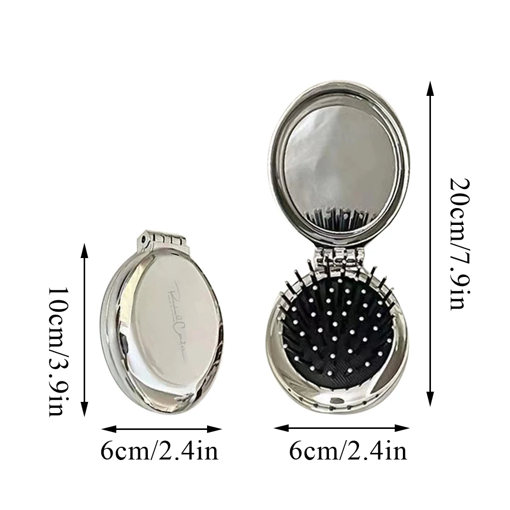 Portable Mini Silver Pocket Mirror Folding Comb Girl Women Round Small Travel Massage Hair Brush with Mirror Styling Accessories