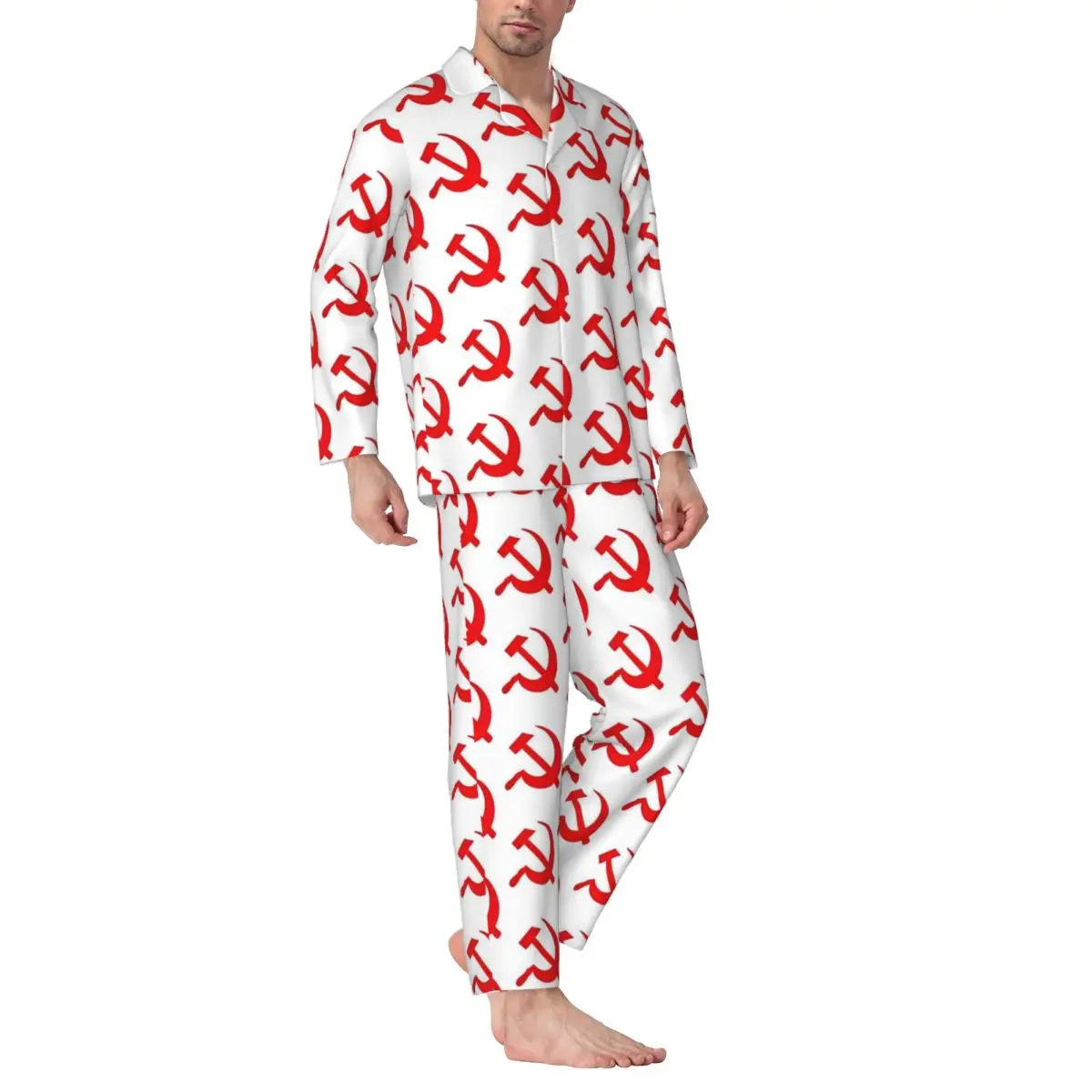 Ccct comunista martelo foice pijamas conjunto bonito macio pijamas masculino mangas compridas casual solto casa 2 peças pijamas tamanho grande