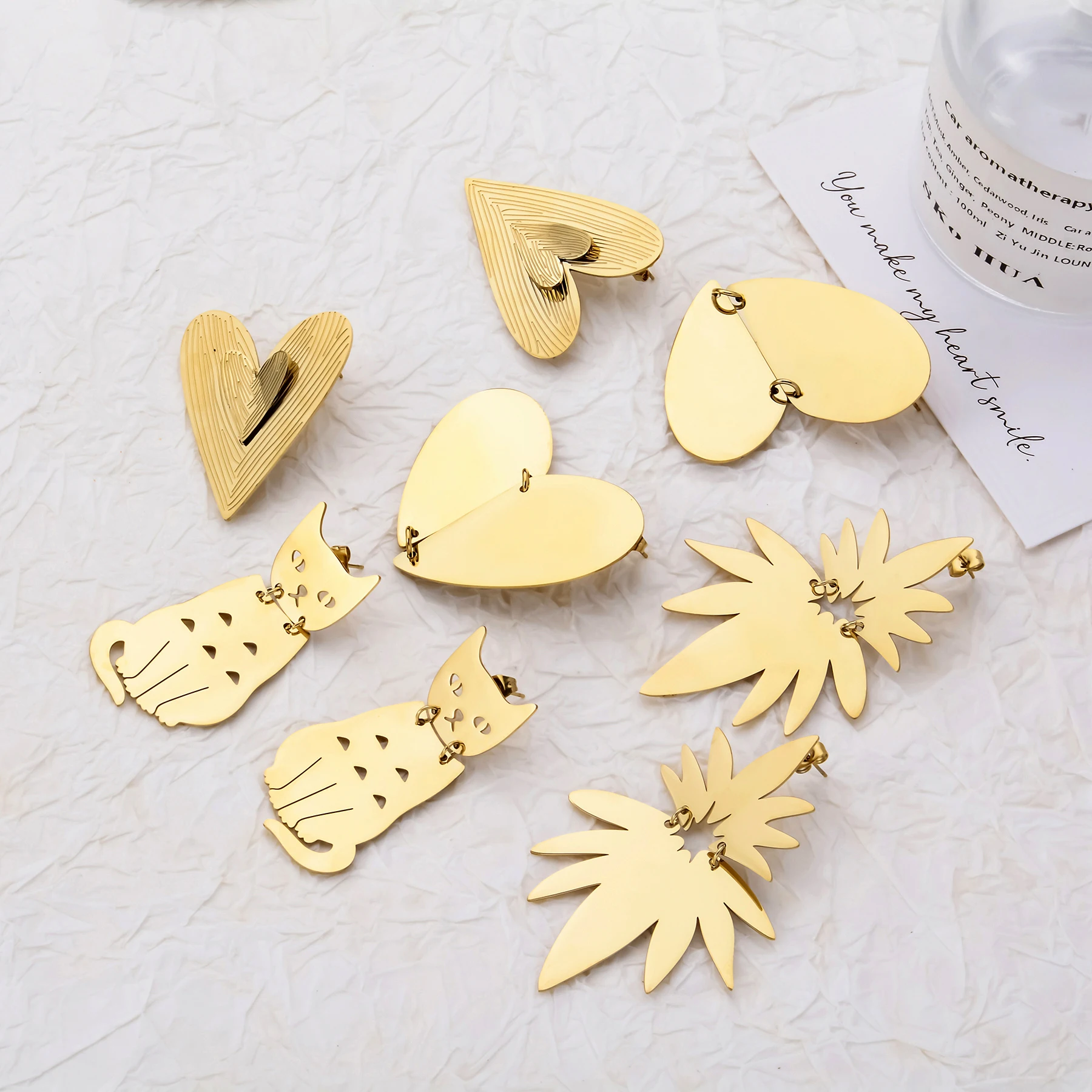 Stainless Steel Animal Earrings For Women Double Layer Splicing Love Maple Leaf Pendant Earrings Waterproof Jewel