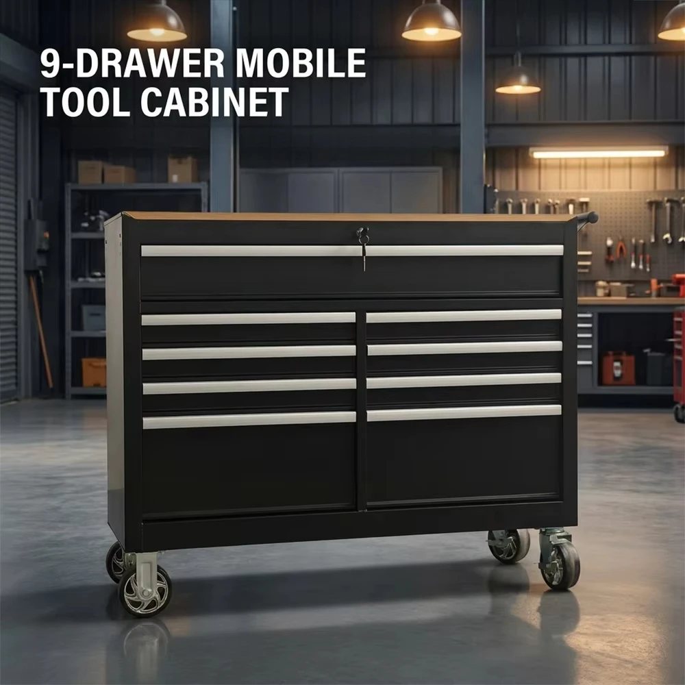 Heavy Duty 9-Drawer Rolling Tool Cabinet with Workbench Top, 600 kg Steel Mobile Tool Chest for Garage Workshop