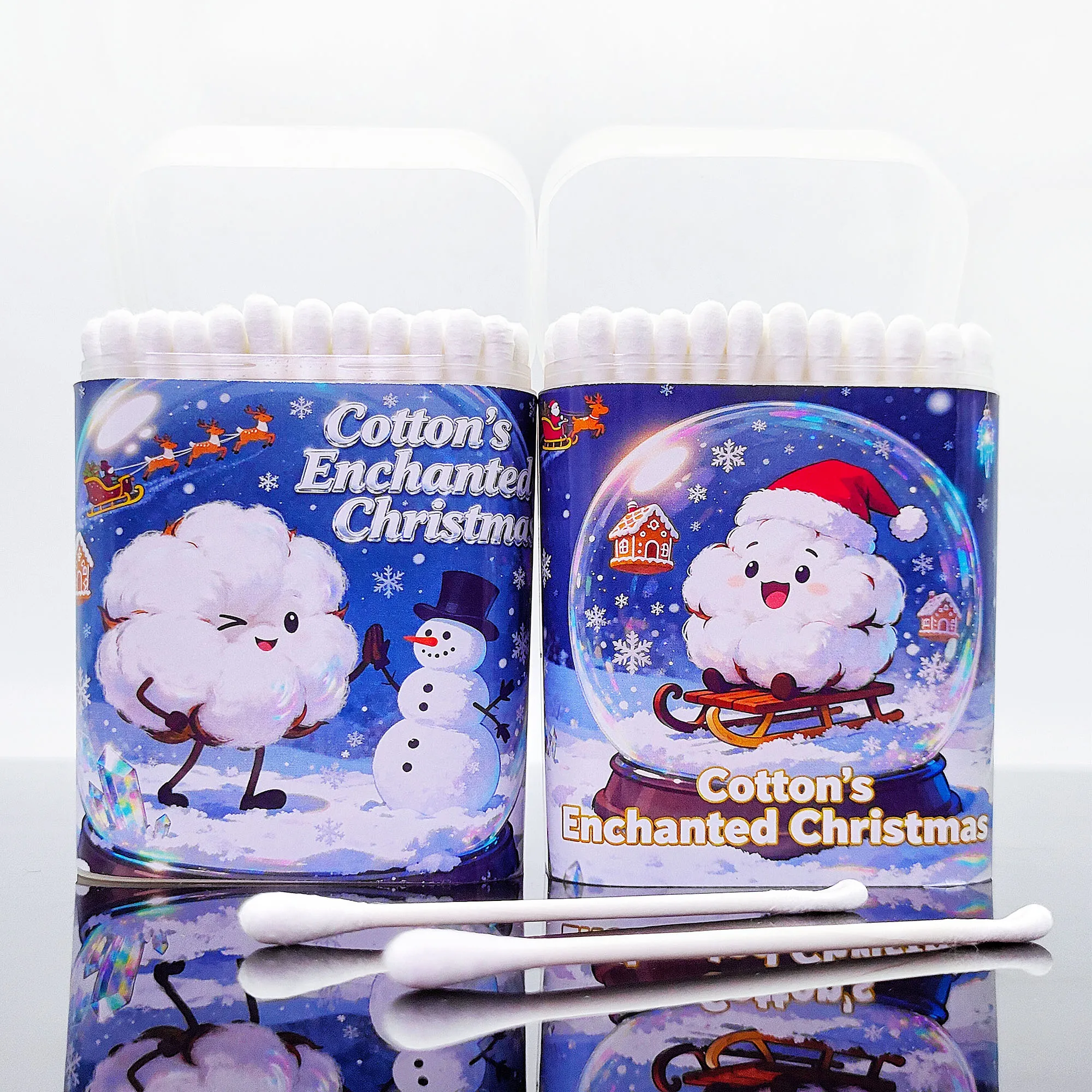 200 قطعة من أعواد القطن بطابع عيد الميلاد على شكل كرة كريستالية متعددة الوظائف برأسين أعواد قطنية ملعقة مستديرة عصا أعواد قطنية. #1