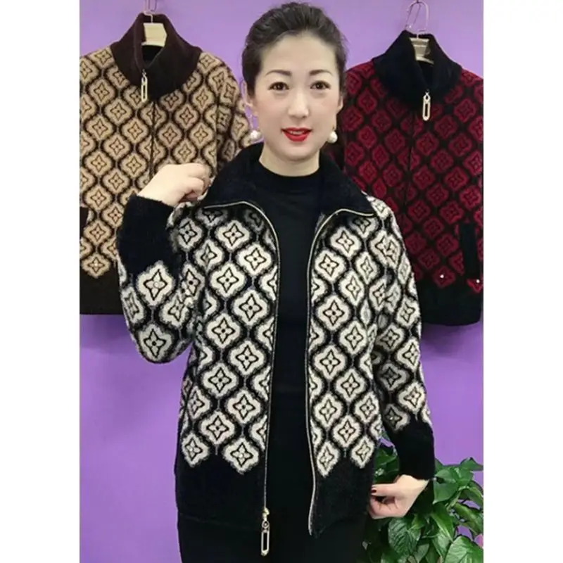 Manteau court en fourrure de vison pour femme, Cardigan tricoté, tendance, décontracté, fermeture éclair, veste épaisse, imprimé de haute qualité, haut à manches longues, automne et hiver