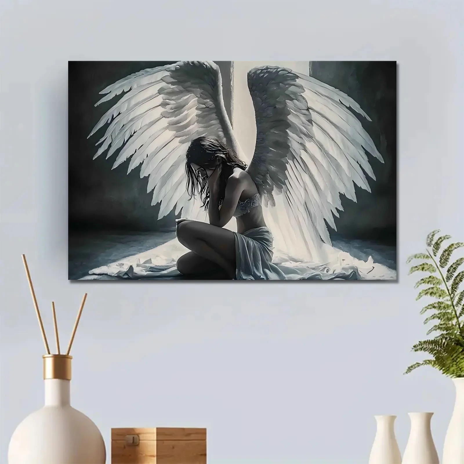شخصية Serene Angel-Mysterious المجنحة باللون الأحادي اللون - فن قماش عالي الجودة لديكور المنزل، فكرة هدية فريدة من نوعها #3