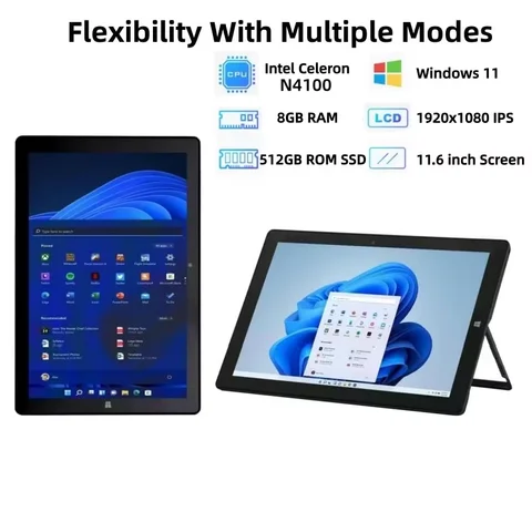 Intel Celeron N4100 CPU 11,6" Windows 11 Tablet 8 GB RAM 512 GB SSD ROM 64-Bit Quad Core Dual Kameras 1920x1080 IPS Resolut