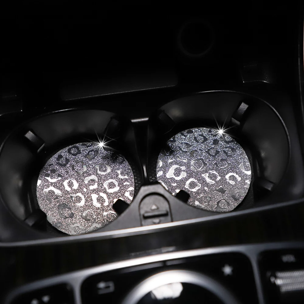 Paar waterdichte glinsterende TPU autobekerhouders met luipaardprint antislip blingbling-stijl voor auto-interieurs