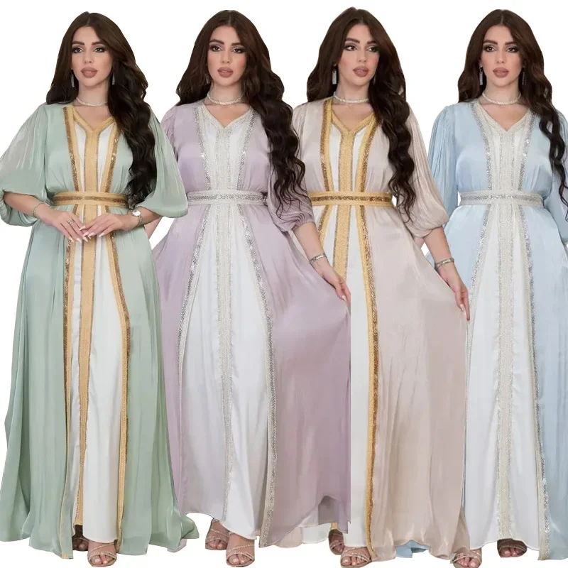 new women's press diamond luxury dress silk satin abaya set  middle east Dubai Muslim dress