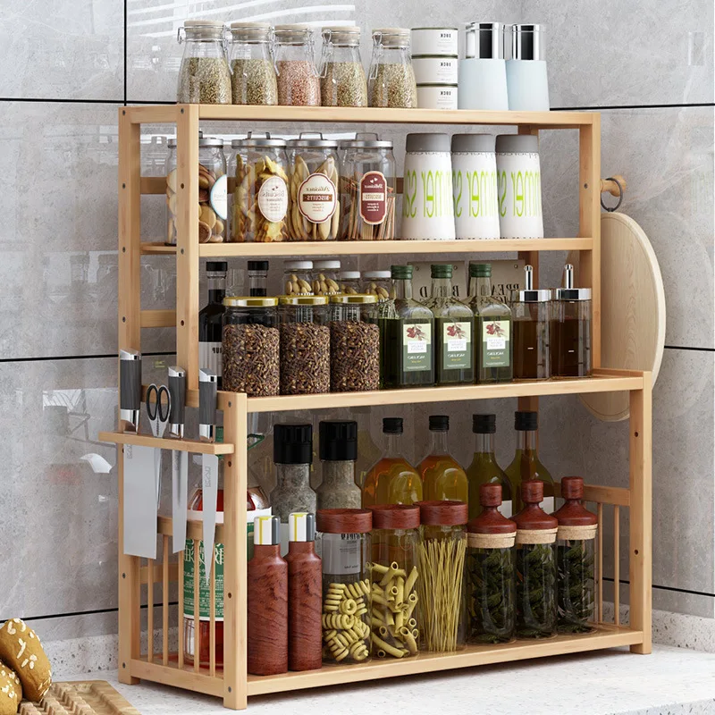 Kitchen organizer Shelf Simple Seasoning Shelving Multi-Layer Oil Salt Sauce Vinegar Storage Shelf Space wooden storage rack