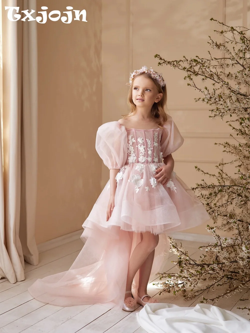 

Pink Glitter Flower Girls Dresses For Wedding Sweet 3D Floral Puff Sleeve Princess Gown For Birthday Party Elegant Ball Gowns