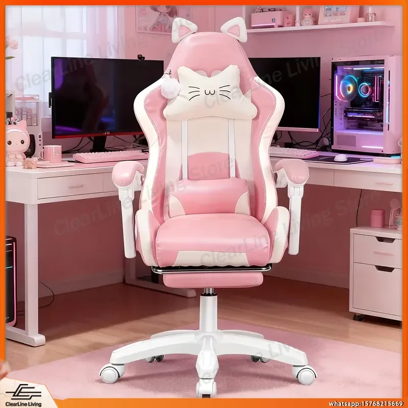 Ergonomic Gaming Chair with Cat Ears Lumbar Support Adjustable Headrest Footrest 360° Rotation Manual Reclining Iron Frame
