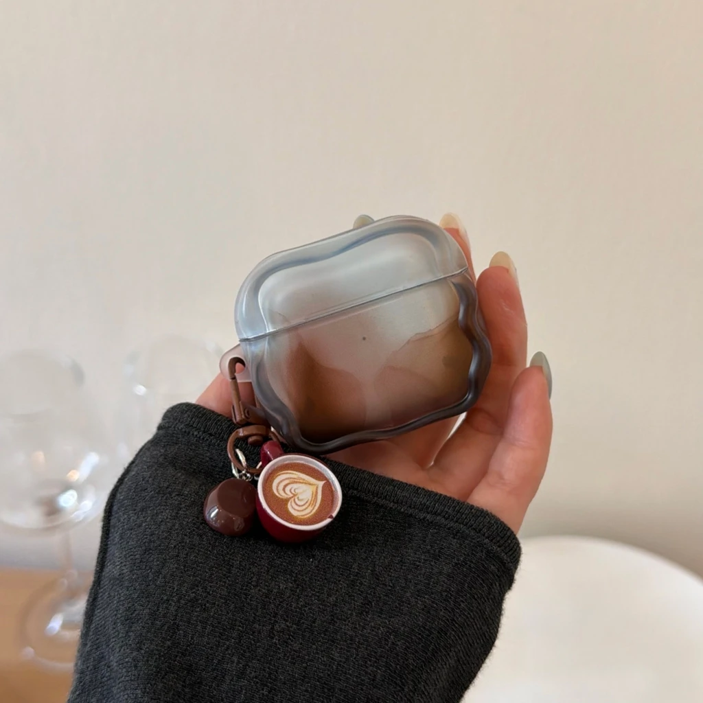 Minimalist Blue Brown Gradient Wavy Edge With Coffee Bean Cup Pendant Earphone Cover Case for AirPods 1 or 2 3 4 Pro 2 Pro 3