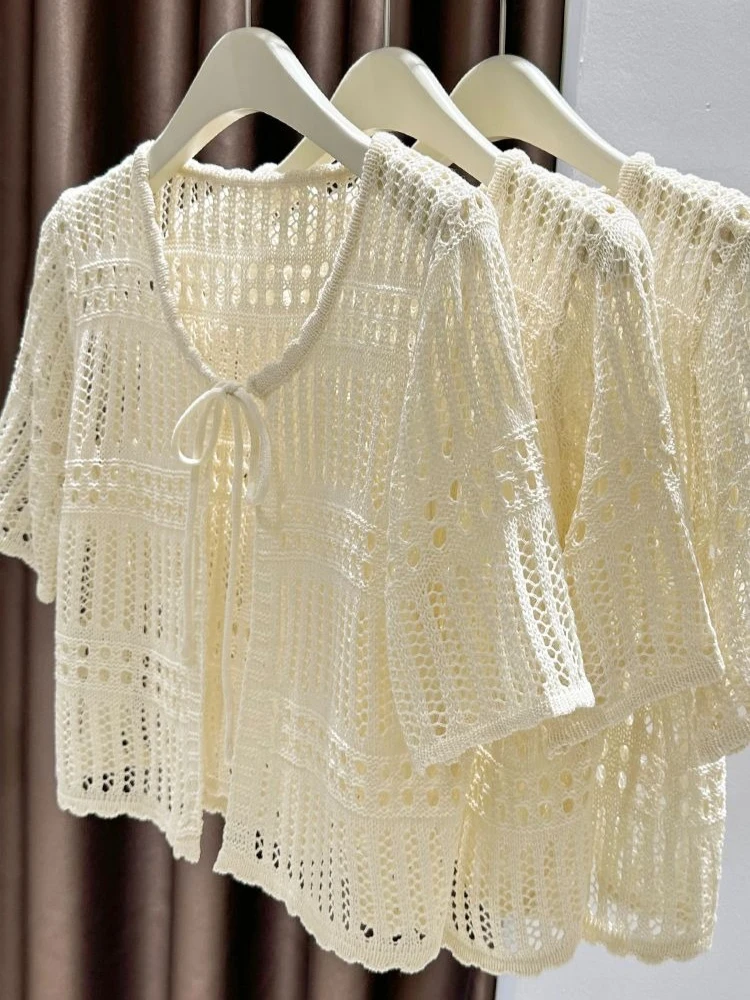 Summer Cardigan Women Solid Fashion Hollow Out Simple Lace-up All-match Holiday Casual Korean Style Ins Trendy Femme Knitwear